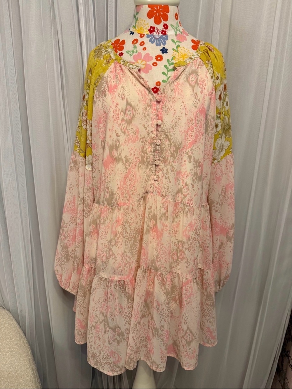 Kori Pink and Yellow Mixed-Print Tiered Mini Dress
